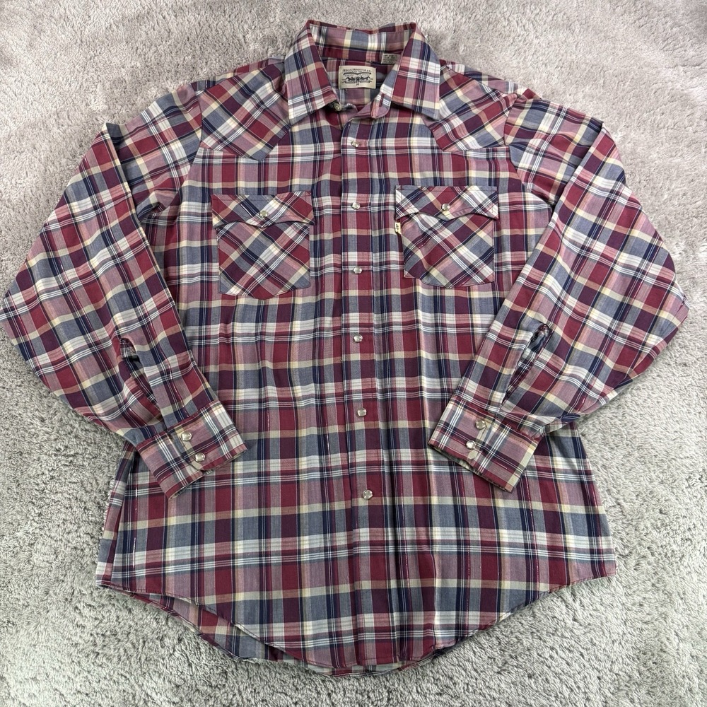 Levi Strauss Vintage 80s Western Shirt Mens Medium Red Plaid Pearl Snap Cowboy